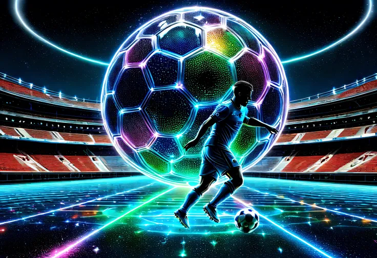 football tournament logo, iridescent football: 1.5, lines of ball trajectory: 1.5, (hologrammed footballer: 1.5), stadium from g...