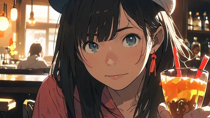 noon、((机に向かってbarely)),（hat）,((barely)),（Serious profile）,((Have a drink)),indoor, Very detailedな, (((Very detailed eyes and face))), profile, masterpiece, Highest quality, Realistic portraits, hoodie, Very detailed, Dynamic Angle, The most beautiful form o...