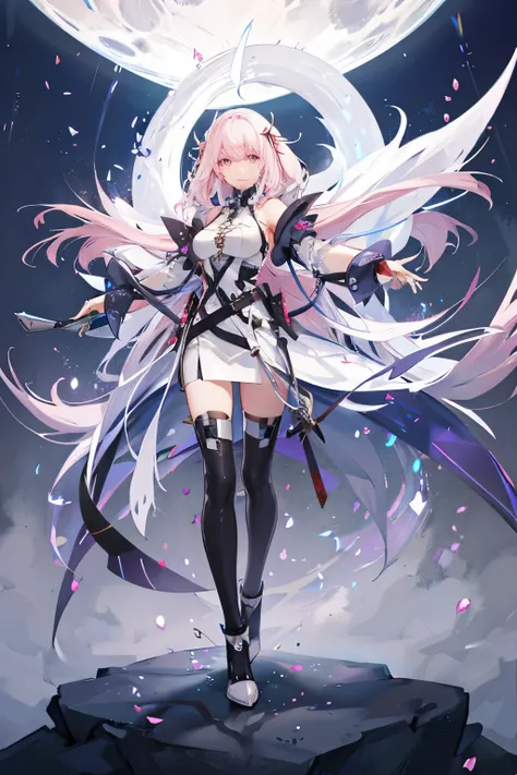 princess standing in powerful pose with pink and white hair with heterochromatic eyes in futuristic clothes 