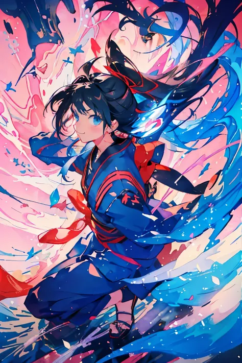 One Girl、Ninja、Comic style、Anime-style illustrations、Ninjaの服装、cool、cute、Beautiful Face、Tying hair with a red ribbon、Beautiful sky blue hair、Holds three shuriken in hand、Holding a shuriken next to his face、Portrait、Watercolor、colorful、Brush-painted art、Blue...