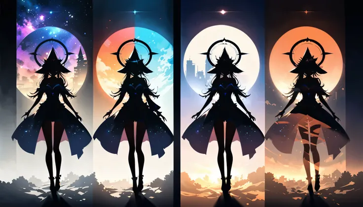 (Double Exposure:1.5)，Screen segmentation，in style of Thierry Mugler，The magical witch from the nebula fantasy,A grand and gorgeous sunrise and a serene and misty full moon，A hazy city，Halo，Japanese anime style，(Dark atmosphere:1.2)，(Extreme shadows:1.2)，(...