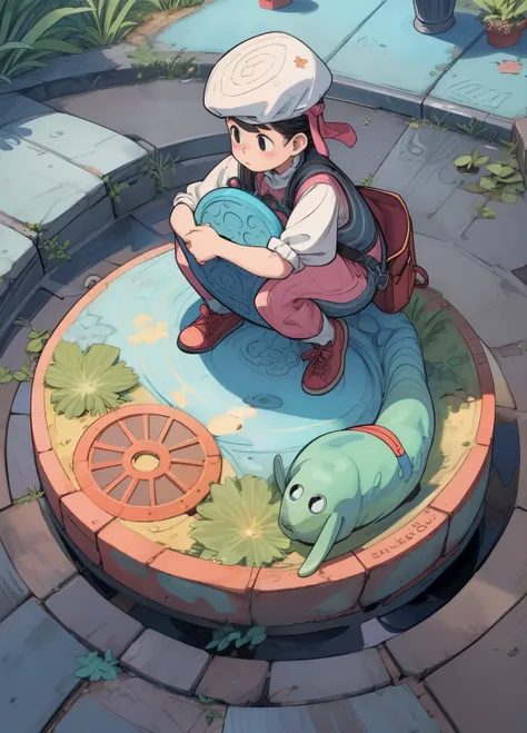 Manhole Art、Illustration on a manhole cover、Fantasy、wonderful、Rounded edges、colorful、Attention to detail