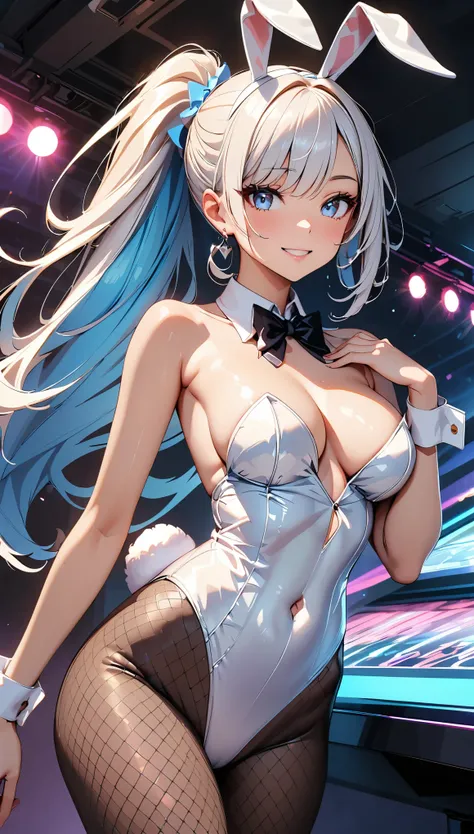 (Highest quality:1.2, High detail, masterpiece:1.2, Best aesthetics), (1 Girl), Cowboy Shot, ((Playboy Bunny, Fishnet tights:1.2, Bunny ears, ハイレグ leotard, 白leotard:1.1, leotard)), (Silver Hair, ponytail, Asymmetrical bangs, Light blue eyes), Beautiful det...