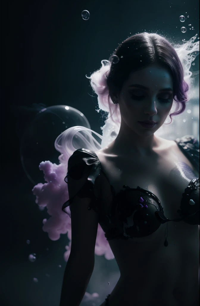 Alberto seveso art, white woman dancing sillhouette, water ink, purple ink water, black ink cloud, bubbles, alberto seveso art, loose painting style, intricate detail, cinematic lighting, octane render, 8k render, volumetric lighting