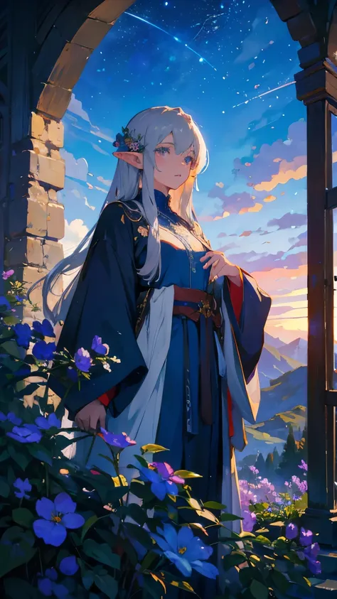 Highest quality、4K、masterpiece、Wonderful landscape、Hills covered with flowers、Beautiful Elf Girl（Wizard Robe、Tattoos on the body:9.5、Gray Hair、Very long hair）