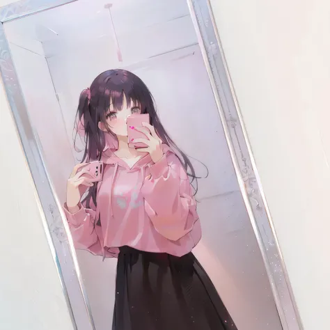 there is a woman taking a picture of herself in a mirror, Clothing photos, ((pink)), Ulzan, Low quality photosgraph, mirror selfie, pink girl, pink clothes, full body picture, Low quality photos, Lo-Fi Girl, wearing a pastel pink hoodie, Clothing photosgra...