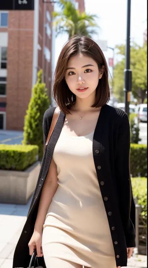 Realistic female college student wearing a cashmere knit dress、Ultra-realistic pantyhose、short hair、