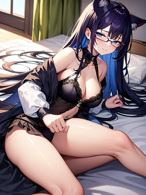 highly details, 8K, Masterpiece, 18 year old cat girl, long dark purple hair, blue eyes, boobs, cat ears, round glasses, sexy black lingerie, lying on a bed.