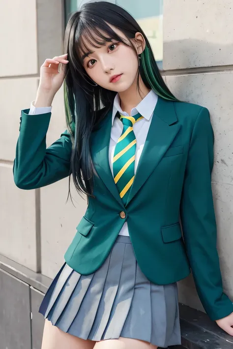 High school girls　Black and green hair　Blue blazer　Yellow tie　Grey pleated skirt