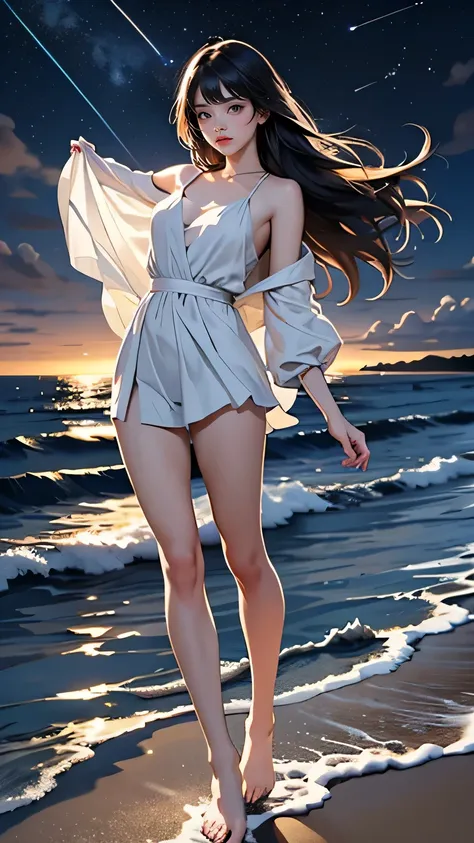 a beautiful young girl standing on her toes with one foot dipped in the ocean, sideways against the horizon, the scene glowing a...