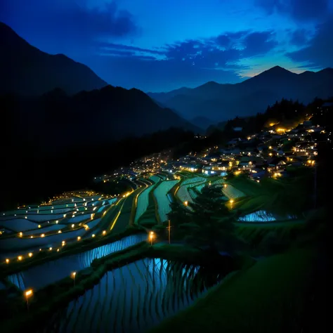 ライトが何列も並ぶPaddy fieldのNight view, Japanese countryside, Japan Countryside Travel, blue hour lighting, Japanese countryside, Beautifully illuminated landscape, festival. Night view, Tadashi Nakayama, Japan at Night, Japanese countryside, Night view, Photo ta...