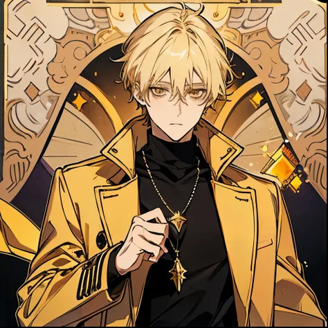 young man, blond, short wavy hair, golden amber eyes, amethyst necklace, black turtleneck, yellow overcoat, manhwa style