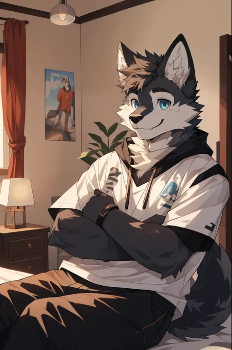 (highest resolution, Dynamic HDR, 4K, Full HD) furry, 18 years old, be happy, gray fur wolf, Tall figure, gray figure, blue eyes, black eyebrows, Random clothes, A smile on his face., resting, bedroom, upper body, handsome, round_cornea, Nerd, Dark face, w...