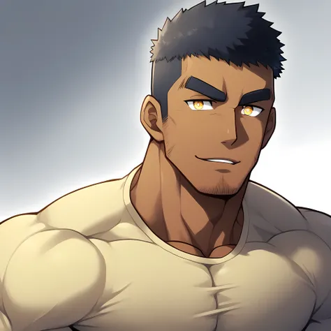 anime characters:Gyee, Muscle Sports Student, negro black skin, 1 dark skin muscular tough guy, Manliness, male focus, Light yellow high collar long sleeve tight T-shirt, Very tight, Round, full and perky chest muscles, Slightly transparent, muscular male,...