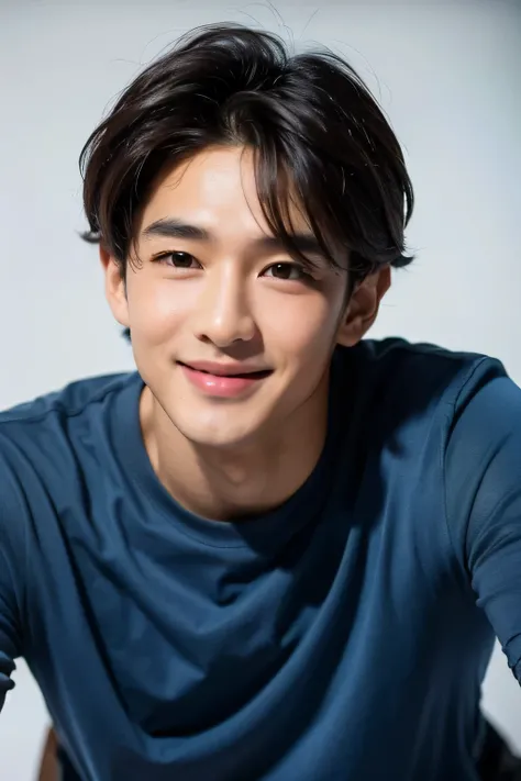 1 man, blue shirt, white background, realistic, (Masterpiece), Highest quality, black hair, brown eyes, high definition, Idol, Lively, well-behaved, confident stare, Smile shyly