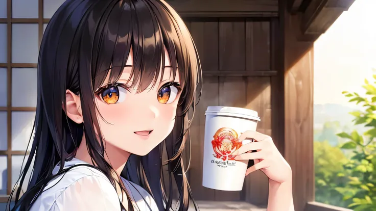 Photo Real, (masterpiece,Highest quality:1.4),(8K,RAW Photos,Photo Real:1.2), Detailed skin,Detailed face,One girl,Japanese Idols,Cute face, Black Hair,thin, Shining Eyes, smile, close,  break (Side view:1.2)、holding a coffee cup in hand