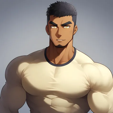 anime characters:Gyee, Muscle Sports Student, negro black skin, 1 dark skin muscular tough guy, Manliness, male focus, Light yellow high collar long sleeve tight T-shirt, Very tight, Round, full and perky chest muscles, Slightly transparent, muscular male,...