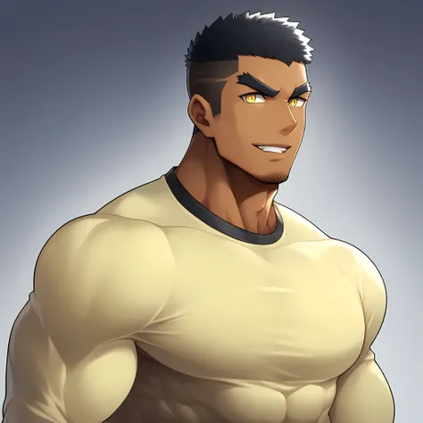 anime characters:Gyee, Muscle Sports Student, negro black skin, 1 dark skin muscular tough guy, Manliness, male focus, Light yellow high collar long sleeve tight T-shirt, Slightly transparent material, Very tight, Round, full and perky chest muscles, Sligh...