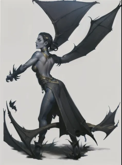 I want a herald on a white background, and he has dark shadows all around his body, a girl bending down and with bat wings on her back