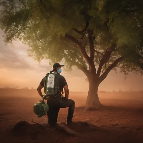 A  wearing oxgen mask with oxygen bag attached to it and oxygen written on it planting a tree on land. The land have no tree only plastic is there with red sky