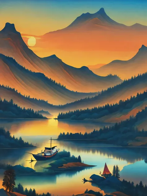 skiff,lake,mountain peak