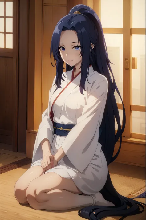 (blue eyes,blue hair), in miko clothes cleaning the entrance of the Temple, , long hair, ponytail, white robe, (red hakama;1.45), straw broom, Tsurugaoka Hachimangu Temple, cute, kawaii, beautiful, smile posing, looking at viewer, (masterpiece, best qualit...