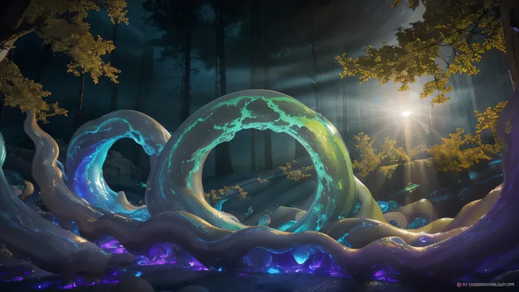 (glowing sap viscous fluid dimension:1.28), multicolor vibrant RGB mixing, lava lamp, swirling amorphous liquid rising bubbling into sky, bioluminescent glowing dust particles, sloshing waves, non-newtonian fluid, (prismatic color grading), 4k, highres, be...