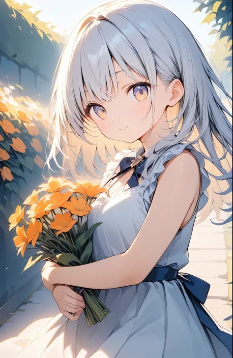 超High resolution, Attention to detail, high quality, High resolution, 最high quality, 4K, 8K, Awards、A young girl surrounded by flowers、White Dress、flowers in background、Light effect、Orange artwork