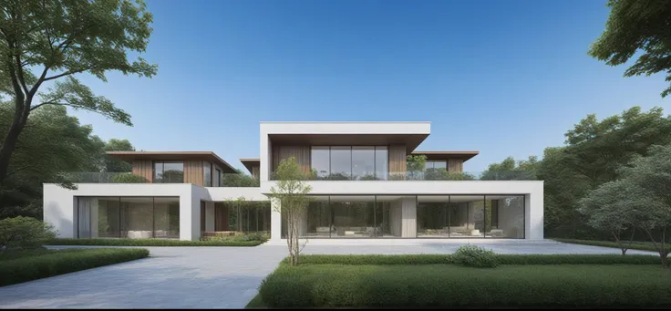 qlcd,tingyuan, photo of modern villa, grassland, garden, shrubs and trees, rock decoration, clear sky, sun light, realistic photo