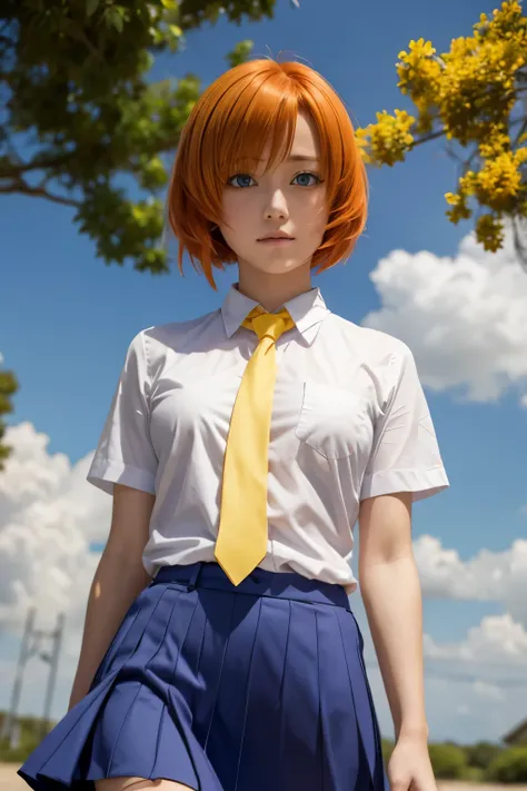 1girl, rena ryuuguu, orange hair, short hair, blue eyes, looking at viewer, serafuku, yellow necktie