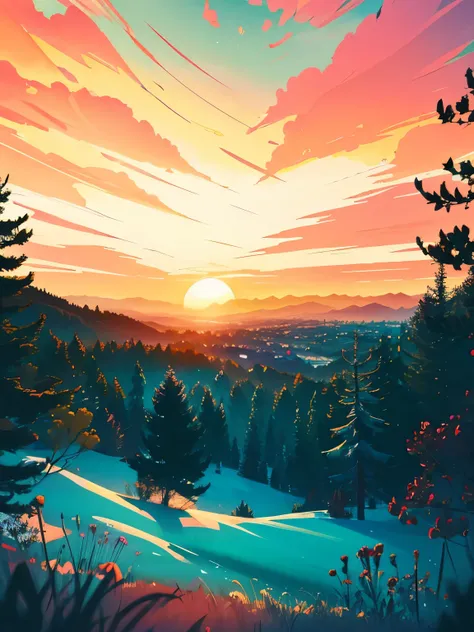 Digital animation art drawing of a wide low-fi scene,The Peak，Takayama，A huge sunrise can be seen in the distance,Huge glow ，Beautiful cloudy sky，Scattered from the sun, The beauty of nature, vibrant hues, masterpiece, Shocking scene，Spectacular sunrise