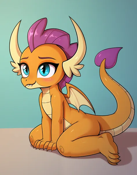 score_9,score_8,source_furry, 1girl, orange body,orange skin,purple hair,dragon,dragon tail, smolder_mlp