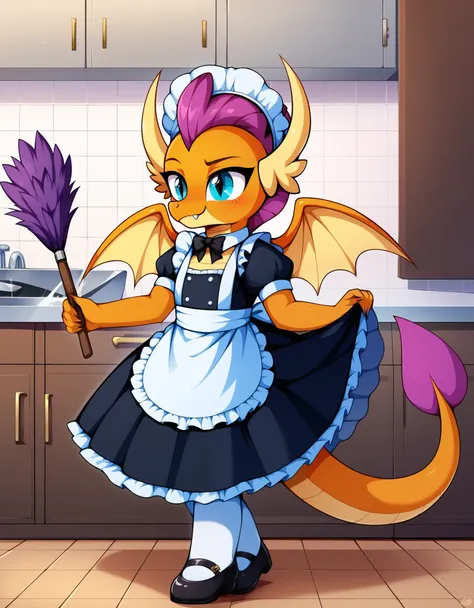 score_9,score_8,source_furry,
1girl, orange body,orange skin,purple hair,dragon,dragon tail,
smolder_mlp,, maid,
maid outfit,
sk...