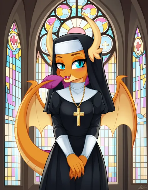 score_9,score_8,source_furry,
1girl, orange body,orange skin,purple hair,dragon,dragon tail,
smolder_mlp,, nun,
nun outfit,
habi...