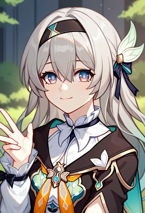 firefly_(honkai:_star_rail), 1girl, black_hairband, grey_hair, long_hair, purple_eyes, black_jacket, long_sleeves, hair_between_eyes, white_shirt, very_long_hair