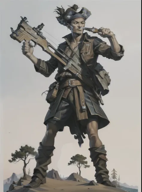 Shooter, old these mixed with precision and half pirate, no back ground, png, com chapeu de cawboy, full body image, and with a rifle in his hand, sniper, looking posture