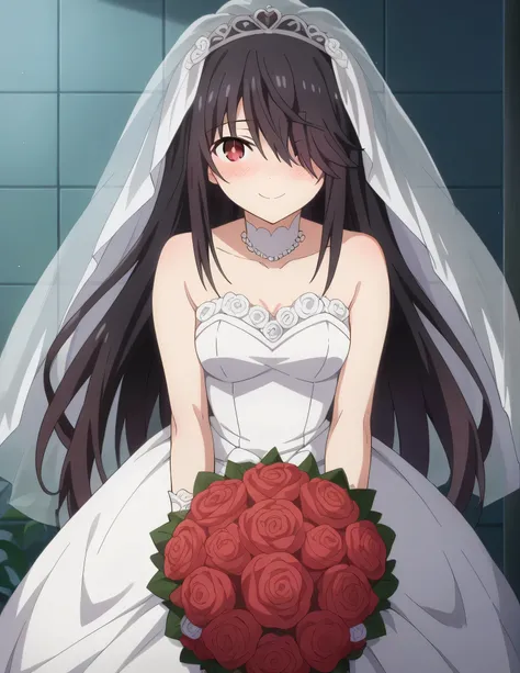 score_9, score_8_up, score_7_up, source_anime, 
kurumitokisaki, kurumi tokisaki, long hair, black hair, red eyes, hair over one eye, smile,
dress, white dress, wedding dress, lift dress, veil, bouquet, flowers, white briefs
indoors, overlie, blush, 
lookin...