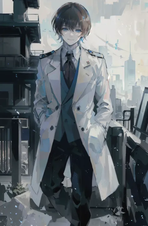 young man, brown hair, blue eyes, smiling, medium hair, wearing a pure white trench coat, wearing black pants, in one city, 4k, detailed, sui ishida art style, detailed eyes,