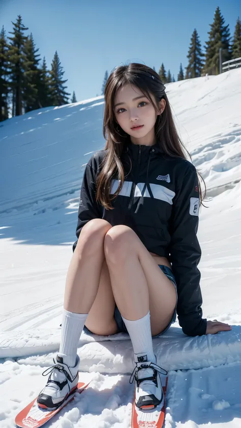 (A beautiful girl is sitting on a snowboard on the slope), (Outstanding style), ((Perfect Anatomy)), ((Detailed eyes and face:1.2, Professional photography techniques)), (Panty shot, Captivate those around you), Ultra-detailed, (Idol Face, Super cute face)