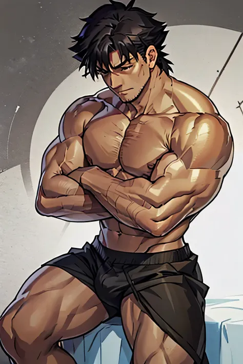 Kiritsugu is sitting and flexing his buff biceps and thighs. He wears black short boxershorts. You can see his thighs completely. He is shirtless. He is showing his abs too. He is admiring his arms. He has a huge bulge.