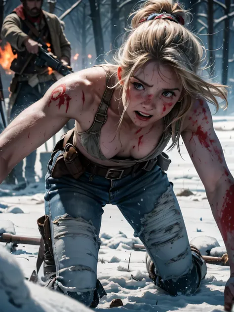 Helen Skelton, American Civil War era, close-up action shot from ground level, naked Confederate soldier, Celtic tattoos, swearing, sweating, damp hair, bloodied, gunfire, on a bloody battlefield, snow, explosion, fires