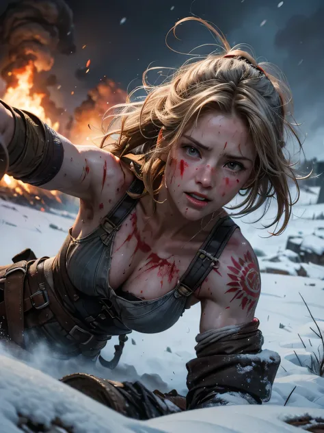 Helen Skelton, American Civil War era, close-up action shot from ground level, naked Confederate soldier, Celtic tattoos, swearing, sweating, damp hair, bloodied, on a bloody battlefield, snow, huge explosions, fires