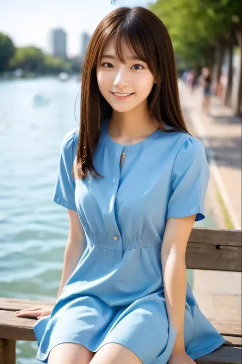 woman sitting on a bench by the lake、beauty、well-formed face、uniform eyes、20 years old、university student、(((wearing a long ligh...