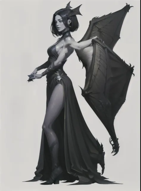 I would like a woman, known as a herald on a white background, with black shadows enveloping your entire body, with bat wings on the back. two wings on his back and a black cloth on his face, front character, and sensual woman, character standing and facin...