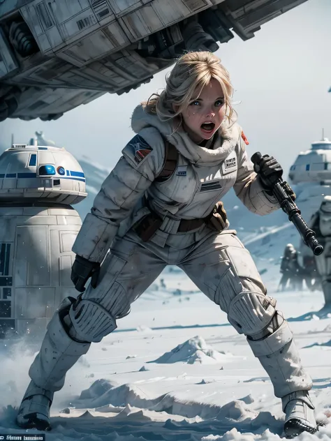 Helen Skelton, Star Wars, close-up action shot from ground level, naked Imperial Snow trooper on Hoth, swearing, sweating, damp hair, bloodied, on a bloody battlefield, snow, AT-ATs, explosion, fires