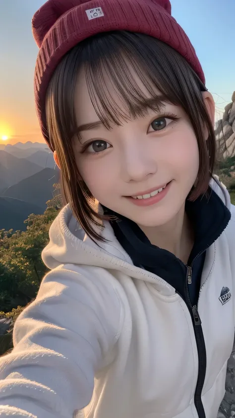 closeup shot , Best picture quality (8K, high resolution, Masterpiece: 1.2), super detailed,  215 Short Hair, 16-year-old woman, 

situation: Greeting the sunrise at the summit、Scenes enjoying the spectacular view。
clothing: Hiking Wear（Fleece jacket、Trekk...