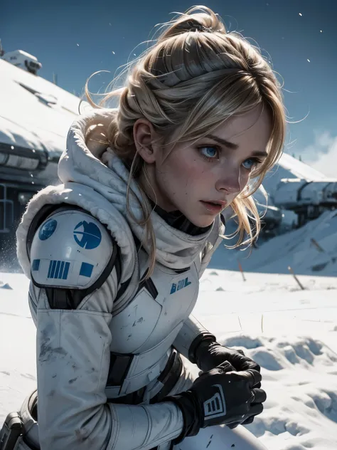 Helen Skelton, Star Wars, close-up action shot from ground level, naked Imperial Snow trooper on Hoth, swearing, sweating, damp hair, bloodied, on a bloody battlefield, snow, explosion, fires