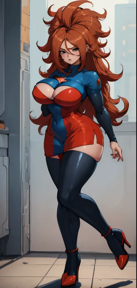 (best qualityer:1.3), android 21, ), busty, cleaveage, (chestnut hair), seductiv, rosto sensuous,  sensuous, curvy body, big-ass, (tight blue and red dress),  short dress, strong legs, strong bodie, brawny 