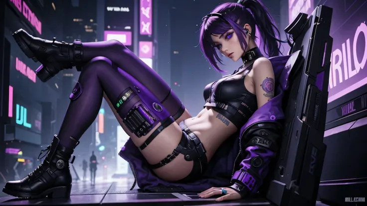 une fille, cyberpunk, elle tient un revolver dans la main, she aims, purple hair, cyberpunk style, une jupe courte, des collants noirs troué, purple eyes, nice face 