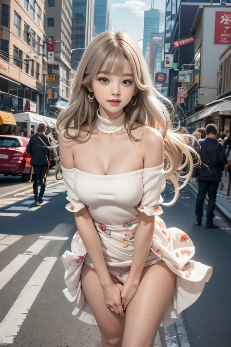 ((Little girl standing on the sidewalk of an office district in New York)）, Silver hair, Bangs, Blunt bangs, Long straight hair, aqua eyes, longeyelashes, Solid Circle Eyes, makeup, Open mouth, blush, Parted lips, Bright pupils, smiley, Seductive smile, gl...